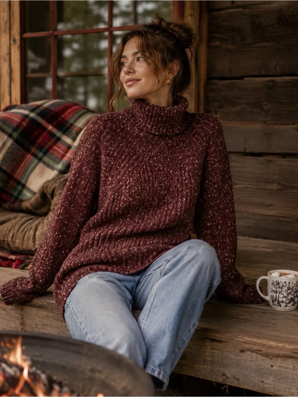 Sanctuary Women’s XS Cable Knit Turtleneck Sweater Burgundy Marled Chunky Knit